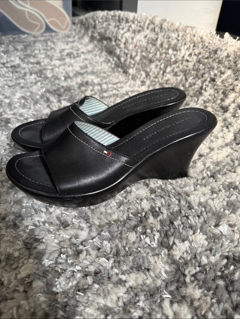 Tommy Hilfiger Black Leather Wedge Slide Sandals